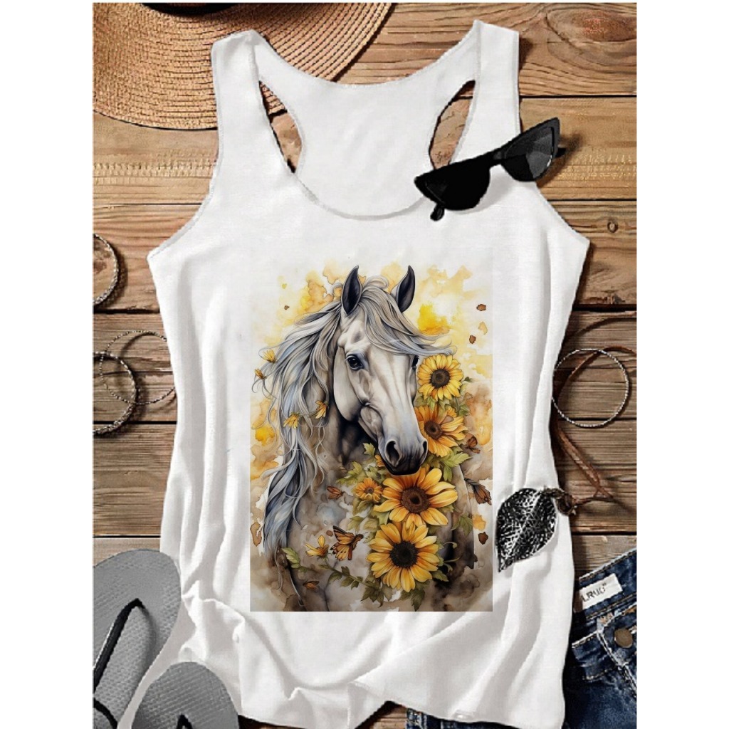 REGATA feminina CAVALO,FLORES GIRASOL, UNISSEX,DESENHO ANIMADO,PLUS SIZE,VERÃO