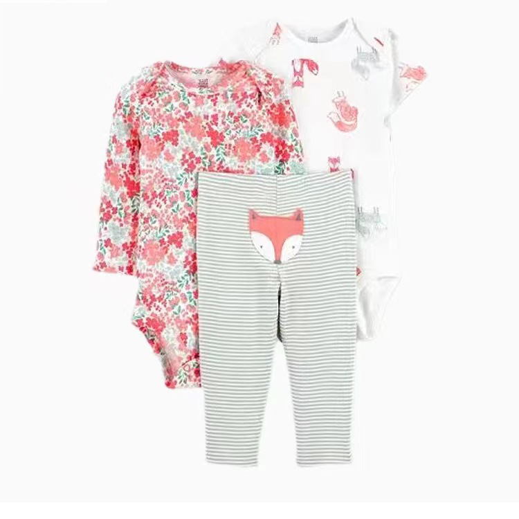 56-158 3 Pçs Conjunto Bebê 100 % Algodão Dos Desenhos Animados Nova Flor Impressão Manga Longa bodysuit + Curta Calças C