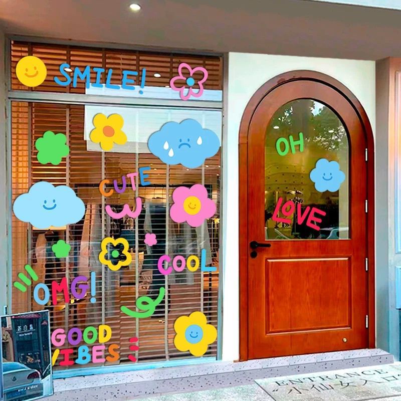 Bonito Na Moda Floral Smiley Nuvem Flor Janela Exibição Porta De Vidro Desenhos Animados Adesivos Decalques Decorativos