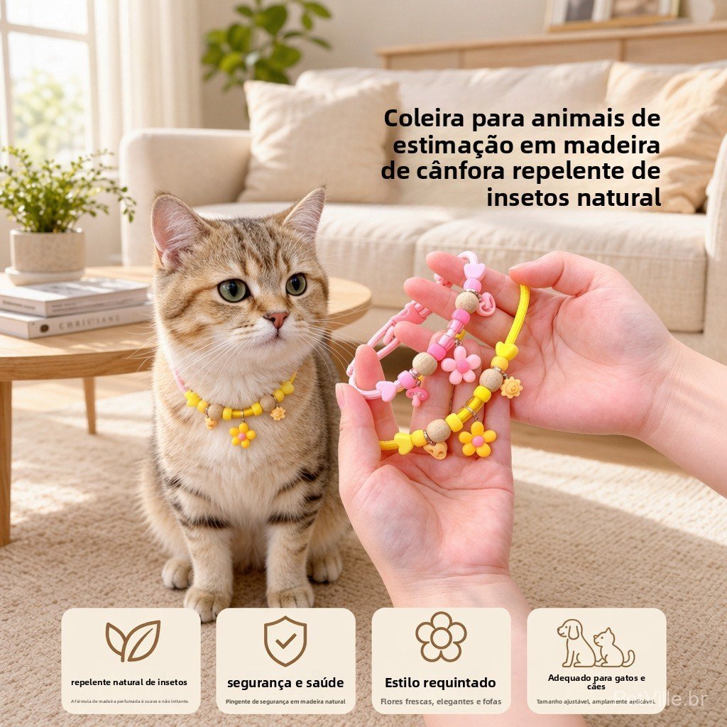 Flor dos desenhos animados Natural cânfora madeira Pet colar, repelente de insetos colar Universal para gatos cães prese