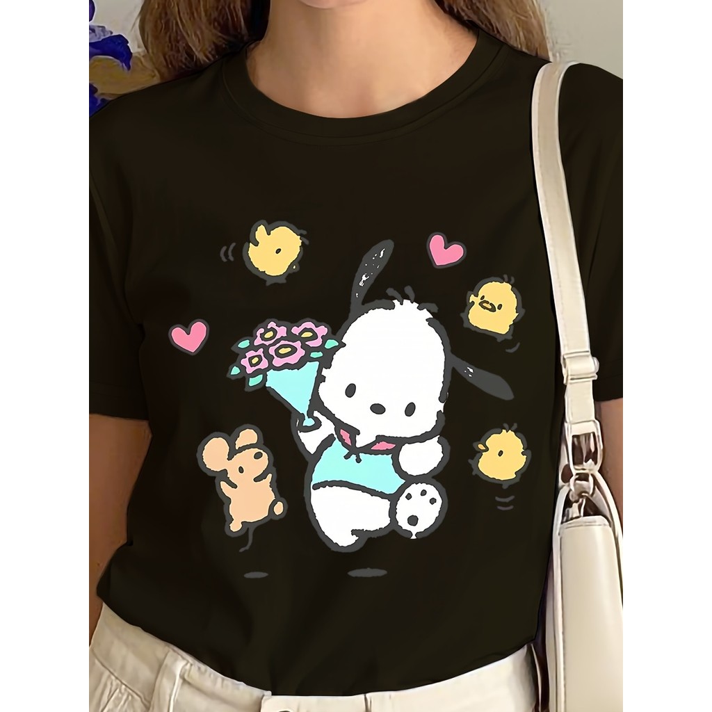 Camiseta Feminina De Algodão Da Moda Com Estampa Fofa De Cachorrinho De Desenho Animado Com Flores, Ratinhos E Patinhos