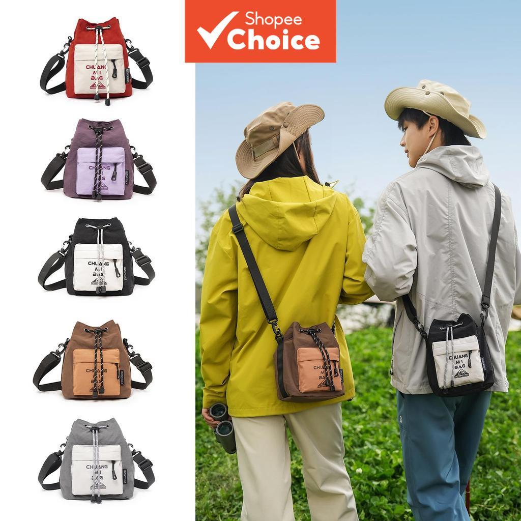 Bolsa tiracolo de nylon à prova d'água com cordão para trilha e camping, estilo bucket mini, unissex