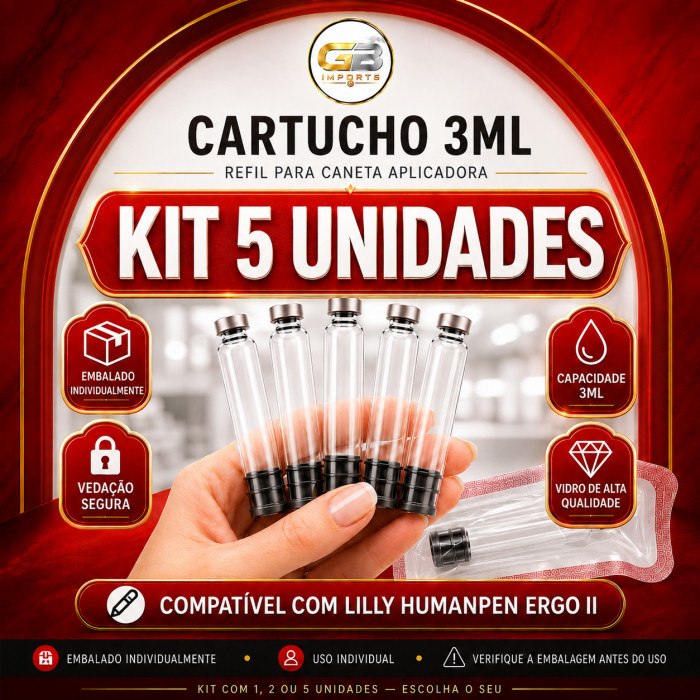 Kit 5 Cartuchos p insulina 3ml Compatíveis Caneta Lilly vazio argo pen v1 v2 v3 v4 magic pen