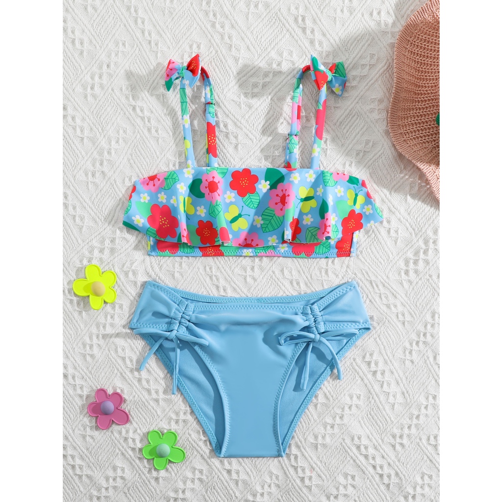 RWX VEST - CONJUNTO DE PRAIA FEMININO INFANTIL COM BABADOS E TOP COM ESTAMPA FLORAL - I3014