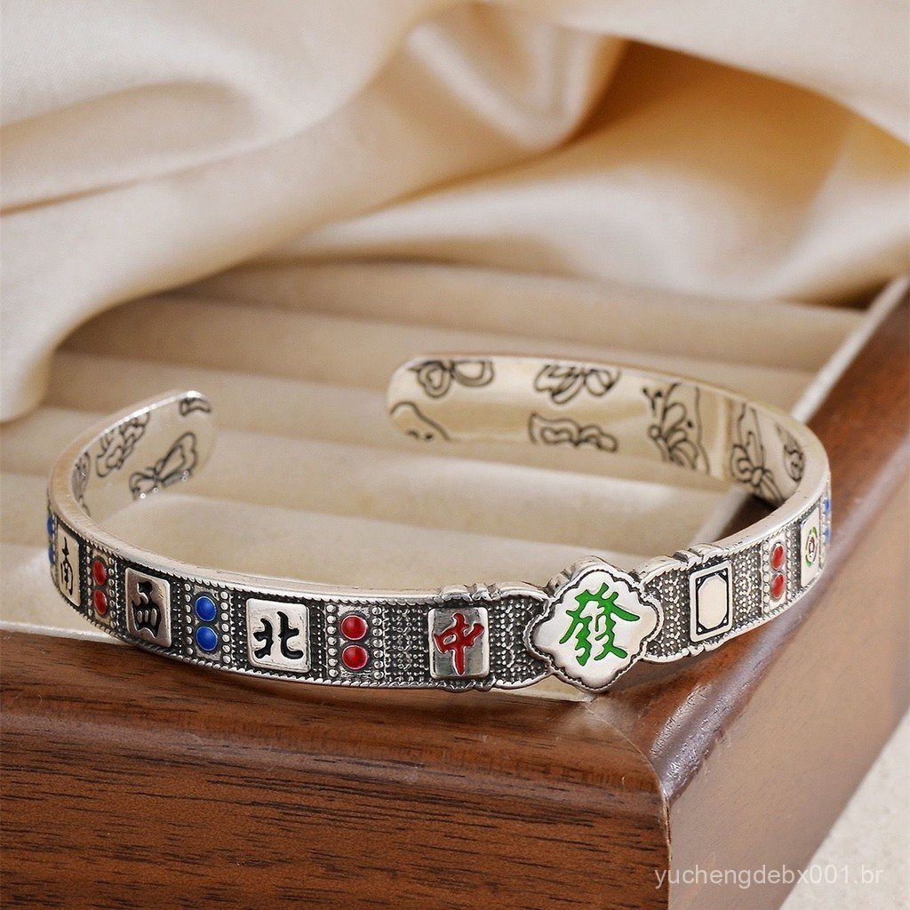 Pulseira de mahjong estilo chinês com design aberto, bracelete sólido de esmalte que traz fortuna, presente 7.21 MS30