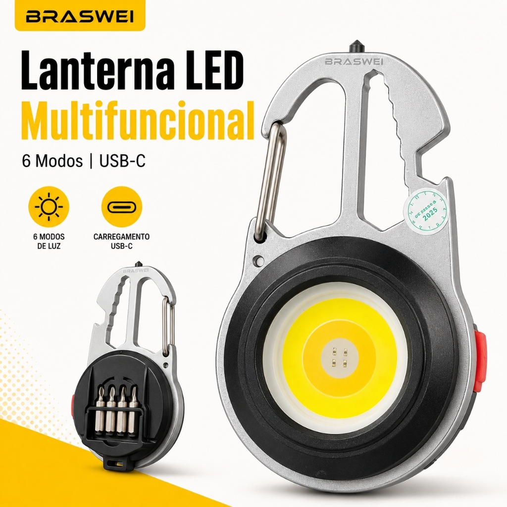 Mini Lanterna LED COB Recarregável USB-C 6 Modos com Chaveiro Abridor e Chave 7 em 1 BW6463 BRASWEI