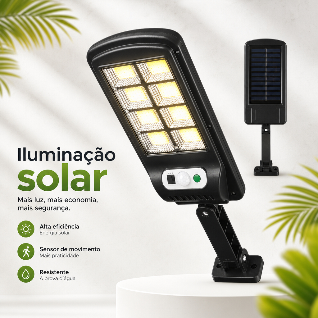 Luminária Solar Led 100W Mini Refletor Poste Cob Sensor de Presença Prova D'Água Potente