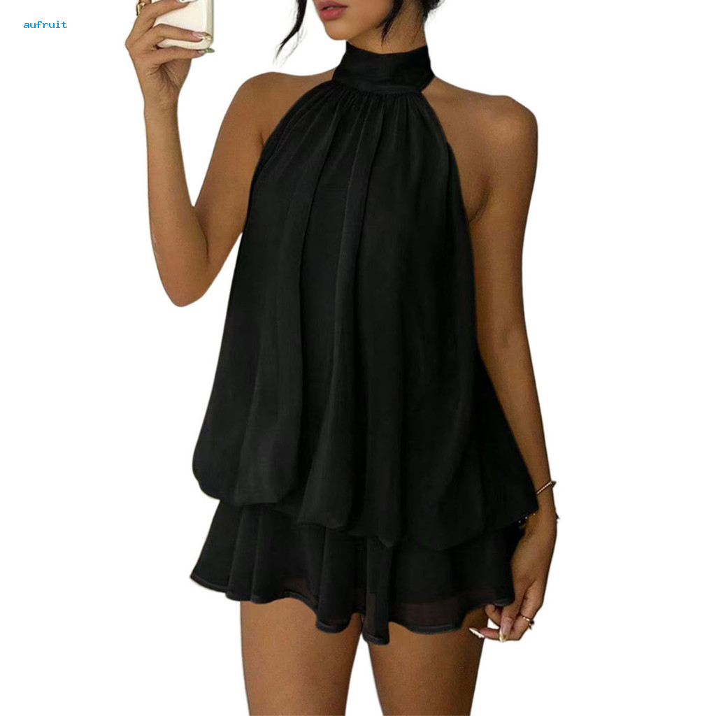 Modern Dress Women Summer Women’s Halter Neck Chiffon Mini Ruffle Cocktail Party Elegant Wedding Guest Outfit Lightwei
