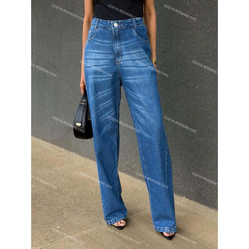ZOEYA modern chic 437 Calça jeans feminina pantalona wide leg calca lisa cintura alta elegantes