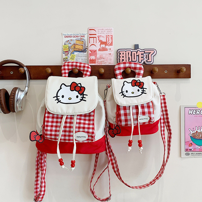 ‌ 2025 Nova Mochila Xadrez Vermelha Hello Kitty – Mini Bolsa Elegante De Desenho Animado Para Mulheres , De Ombro Modern