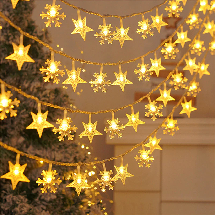 Cordão de Luzes de Natal com Estrelas e Flocos de Neve, Controle Remoto e Porta USB, 3M 20 LEDs ou 6M 40 LEDs, 8 Funções