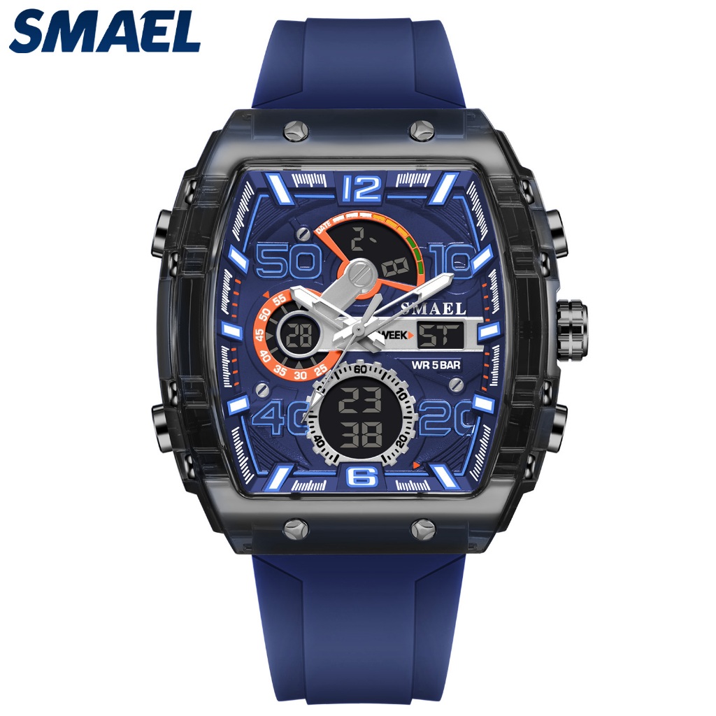 Relógio Esportivo Masculino Formato Tonneau Digital Analógico 50M Impermeável LED Cronômetro Alarme