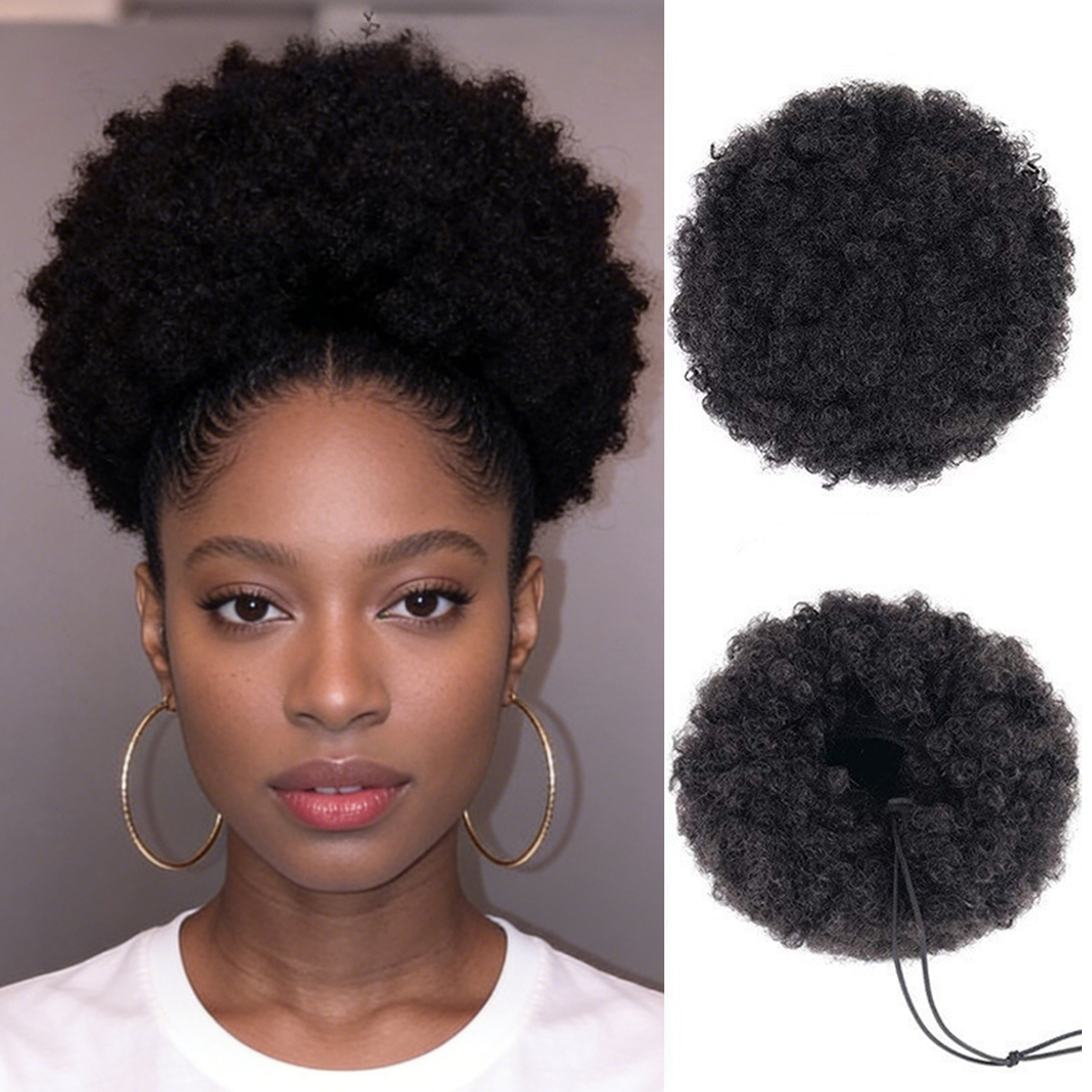 Afro Puff Cordão Rabo De Cavalo Peruca Extensão Natural Preto Kinky Cabelo Encaracolado Coque