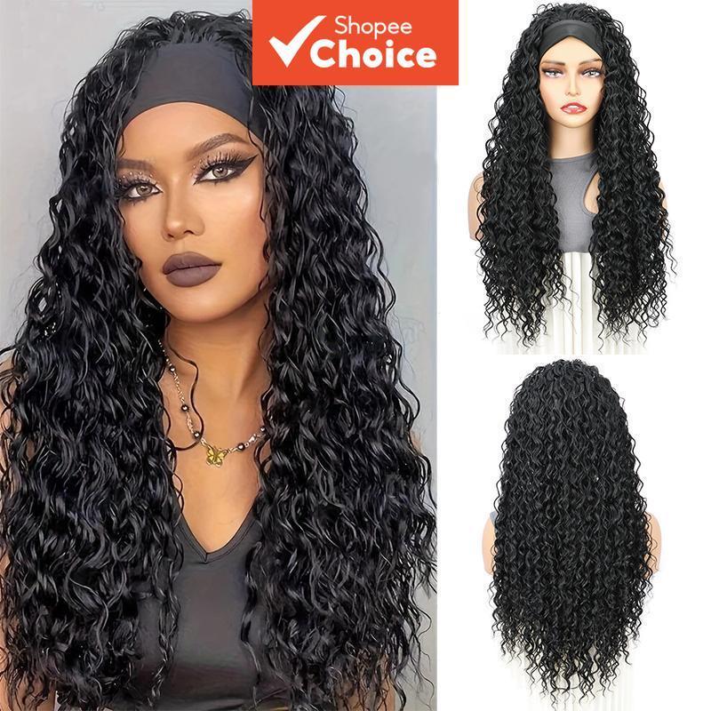 Longo Kinky Encaracolado Bandana Peruca 70cm Sintético Gelo Para Preto Feminino Afro Onda De Água Cabelo Fibra Orgânica
