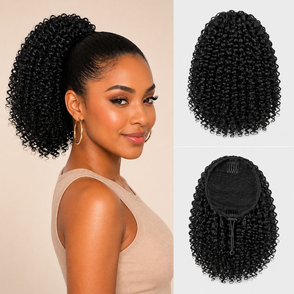 Rabo De Cavalo Curto Afro Kinky Encaracolado 25cm Preto Natural Com Cordão Fácil De Usar Volume Macio