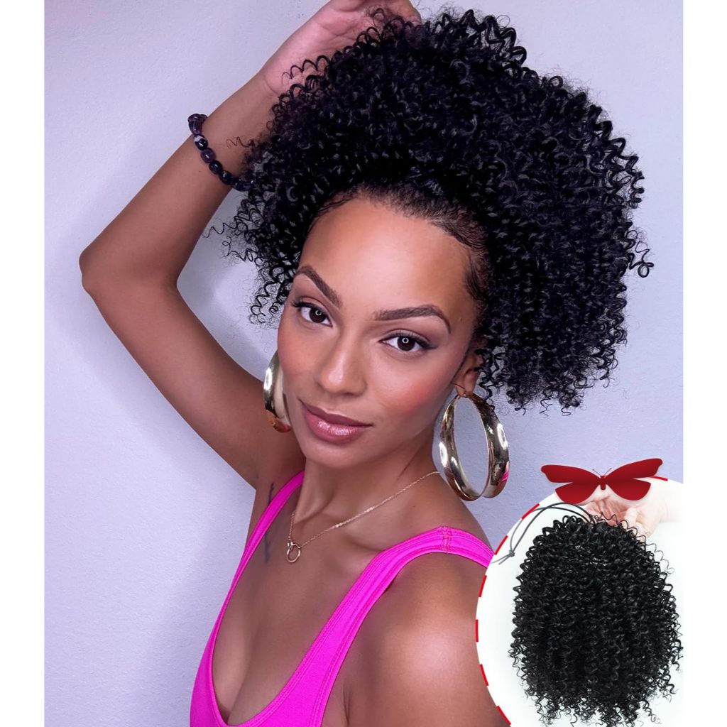 Rabo De Cavalo Curto Encaracolado Com Cordão 25cm Afro Kinky Fibra Orgânica Preta