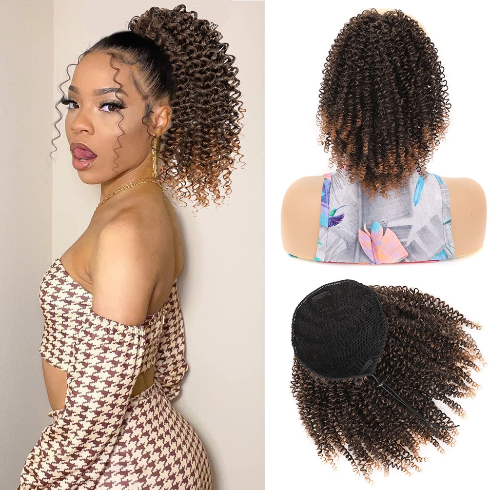 Rabo De Cavalo Curto Afro Kinky Encaracolado Com Cordão Para Mulheres Cabelo Orgânico 25cm 100g