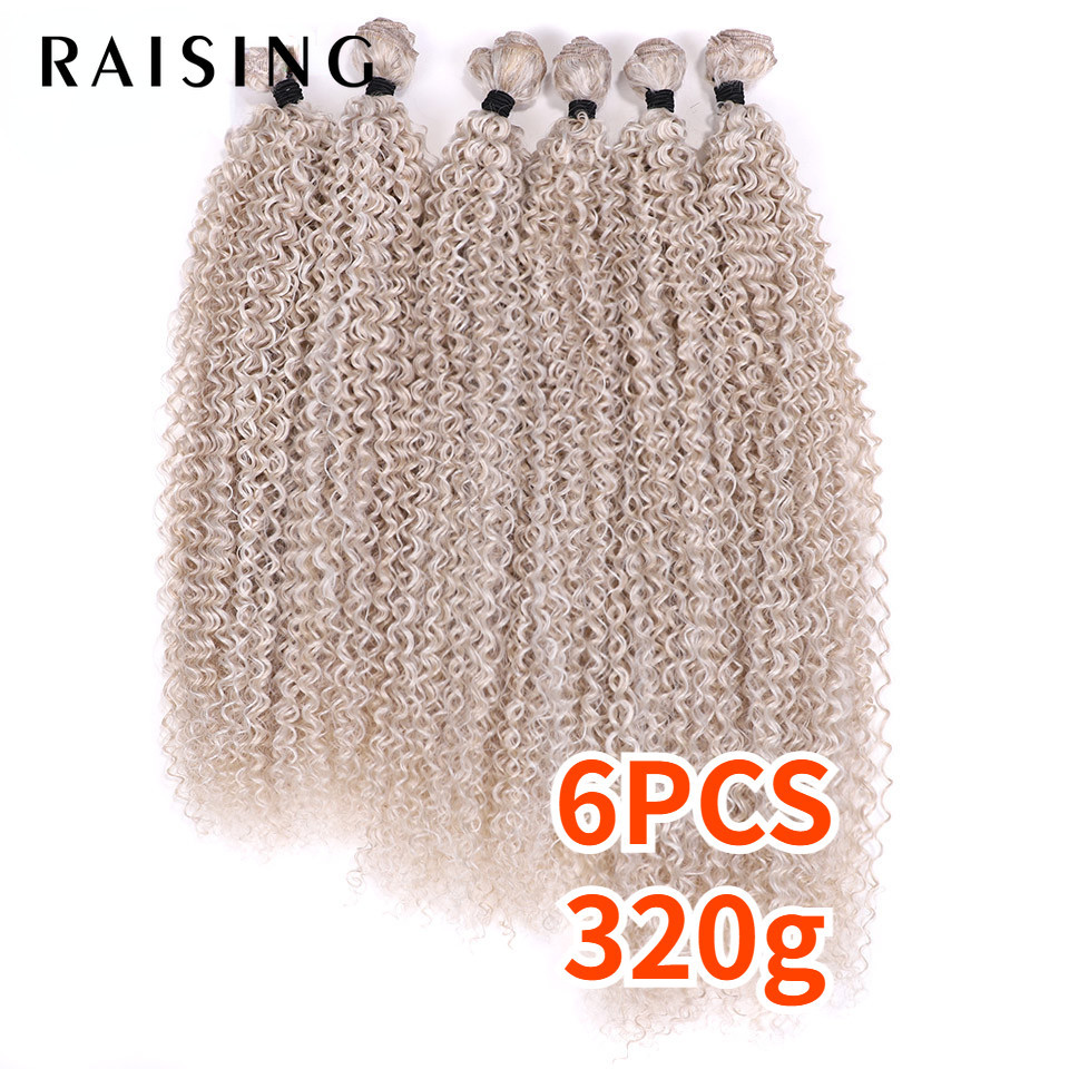 RAISING Afro Kinky Curly Hair 20-24 Polegadas 6PCS Pacotes De Cabelos Sintéticos Ombre Loiro Extensões De Cabelo Em Fibra Loira De Alta Temperatura