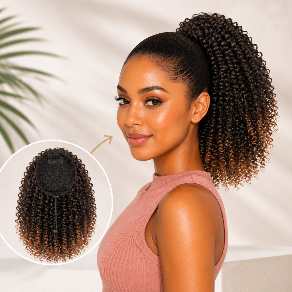 Rabo de Cavalo Cacheado Preto 25cm Curto Afro Kinky com Cordão Volume Natural Fácil para o Dia a Dia