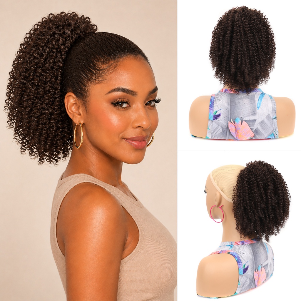 Rabo de Cavalo Cacheado com Cordão 25cm Preto Afro Kinky Visual Natural Fácil de Usar para Mulheres