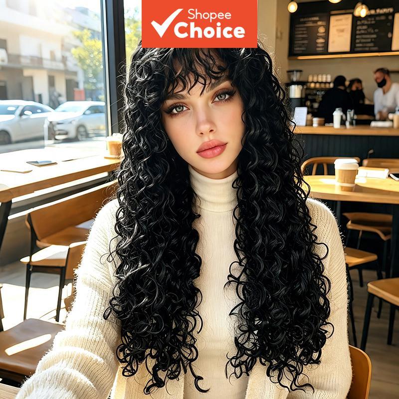 Preto Sintético Longo Onda Profunda Afro Kinky Peruca Natural Festa Diária Cosplay Traje Feminino
