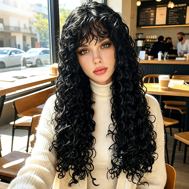 Preto Sintético Longo Onda Profunda Afro Kinky Peruca Natural Festa Diária Cosplay Traje Feminino