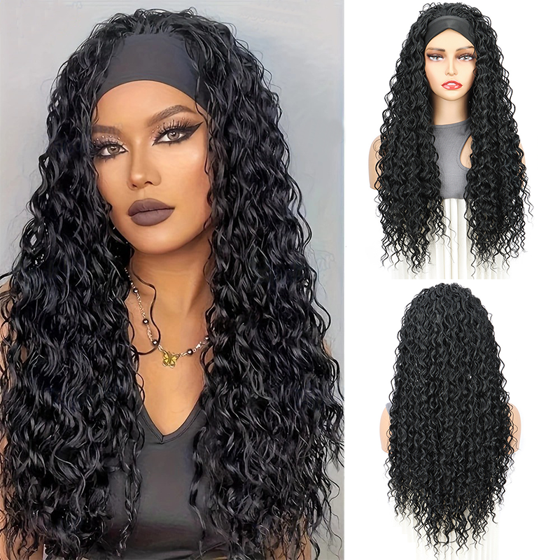 Longo Kinky Encaracolado Bandana Peruca 70cm Sintético Gelo Para Preto Feminino Afro Onda De Água Cabelo Fibra Orgânica