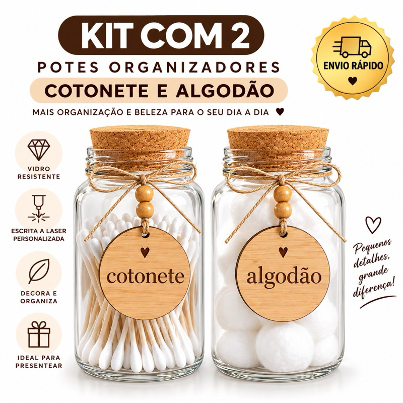 Kit 2 Potes Vidro Algodão E Cotonete Com Pingente E Tampa Rolha