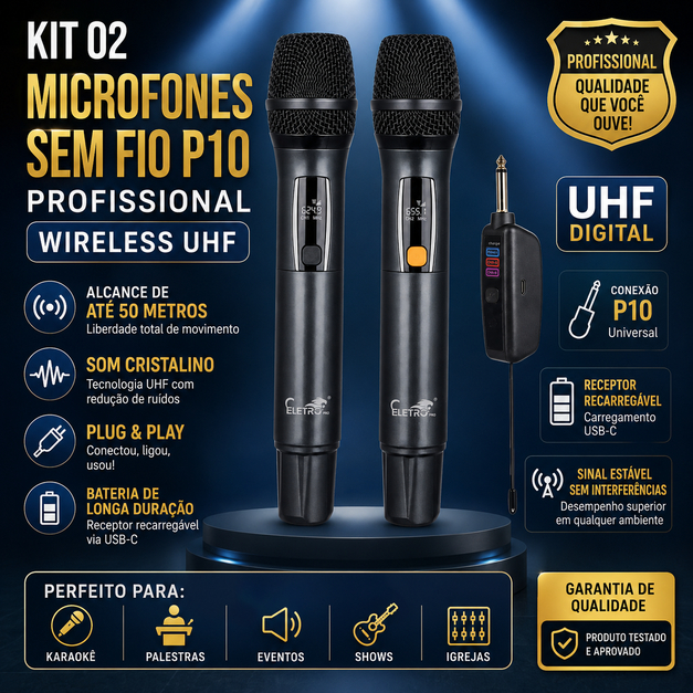 Microfone Sem Fio P10 Kit 2 Wireless UHF Profissional Karaokê Igreja Eventos Eletromex EL-5021