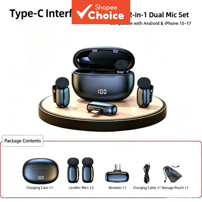 Mini 2 Microfone de Lapela Wireless com Cancelamento de Ruído | Microfone de Gravação Compacto para Tipo-C, iPhone,
