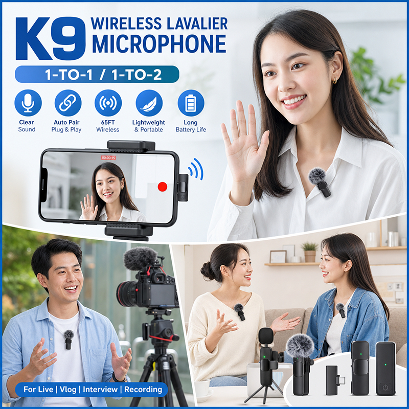 2026 Novo Microfone Mini Portátil K9 Wireless Tipo-C de Lapela para Transmissão ao Vivo, Jogos, Gravação de Áudio e