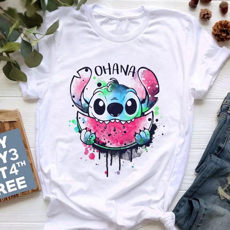 Desenhos animados da disney stitch t shirt dos desenhos animados das mulheres ohana lilo ponto gráfico t bonito anime topos harajuku camiseta feminino
