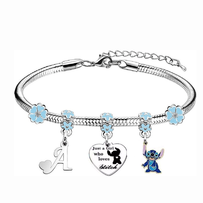 Pulseira de Aço Inoxidável Alfabeto Personagem Azul Cartoon Alien Fofo Acessório Nome Presente Amigos Casal