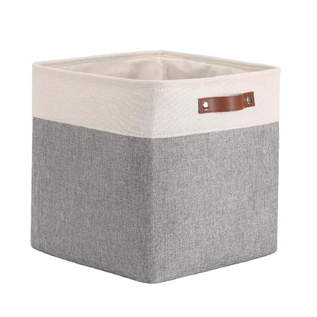 Caixa Cesto Tecido Linho Dobrável Cinza Alça Couro 33x33x33 CM Closet Roupas Mantas Brinquedos