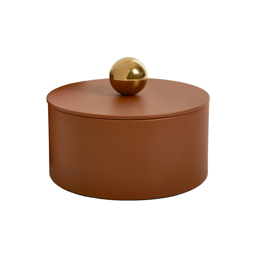 Caixa Decorativa Redonda Organizadora Revestimento Couro Sintético Caramelo Tampa Dourada Porta Joia