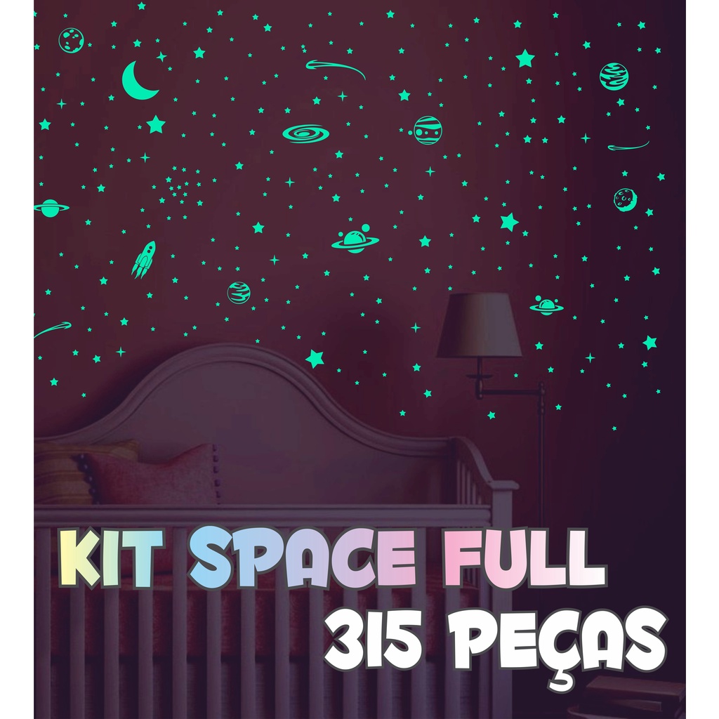 Adesivos que brilham no escuro - Kit Space Full - 315 peças - Estrelas Planetas Cometas Foguete Galáxia Nave Espacial