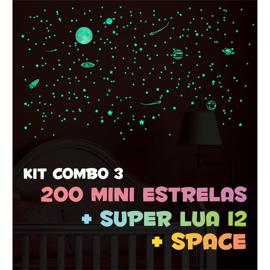 Combo Kit Space + Kit 200 mini estrelas + Super Lua - Adesivos Luminosos - Brilham no escuro