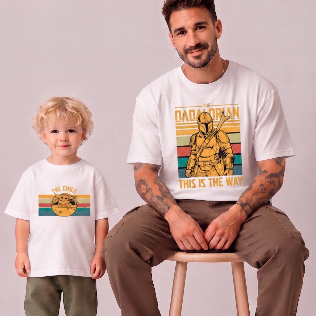 Kit Camiseta Basica e Infantil Conjunto Camiseta Pai e Filho Presente para o Dia dos Pais Star Space Wars Mando e Yoda