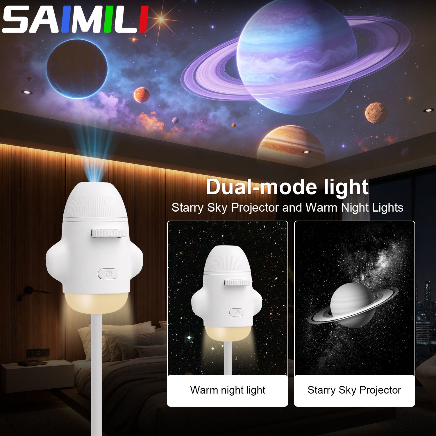 SAIMILI Space Moon Galaxy Projetor Night Light Foco Ajustável Rocket Star Ambiente Para Quarto De Carro