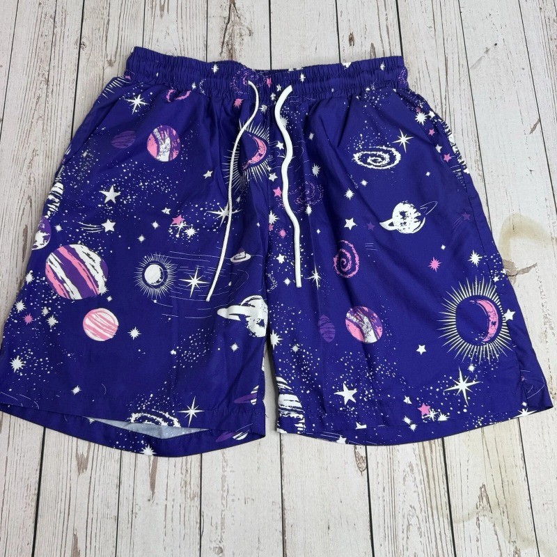Shorts De Praia Masculinos Space Planet Star Print De Secagem Rápida , Calção De Banho Casual Com Cordão Elástico Na Cin