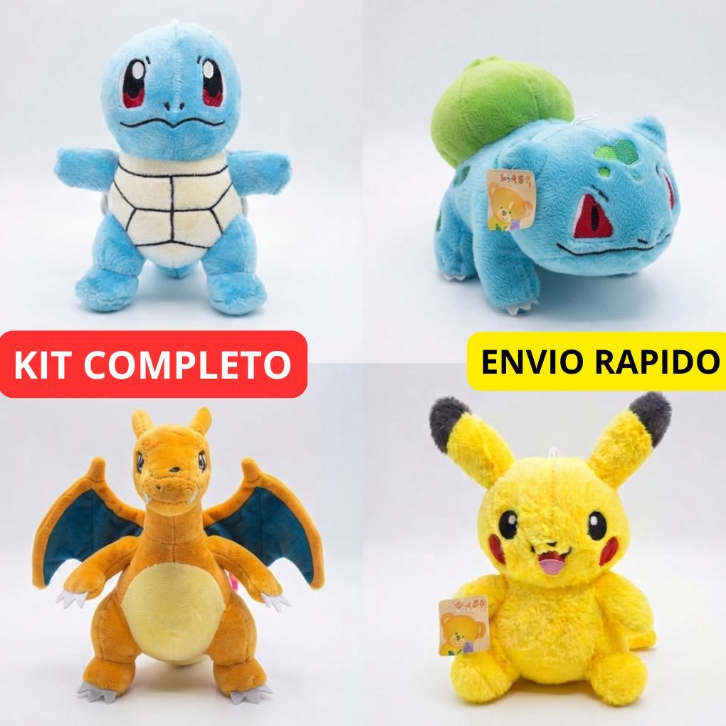 Kit Pokémon 4 Pelúcias 25cm Alta Qualidade Macias Pikachu Charizard Squirtle Bulbasaur