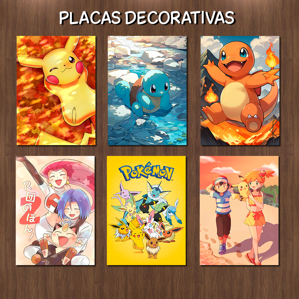 Placa Quadro Decorativo Pokémon Pikachu Bulbasaur Squirtle Charizard Evee 20x28.5cm