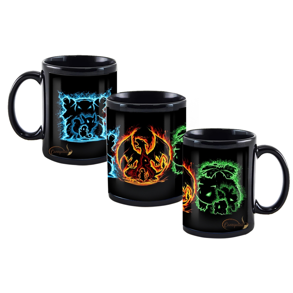 Caneca Toda Preta pokemon evolução Charizard bulbasaur squirtle xicara personalizada ash café