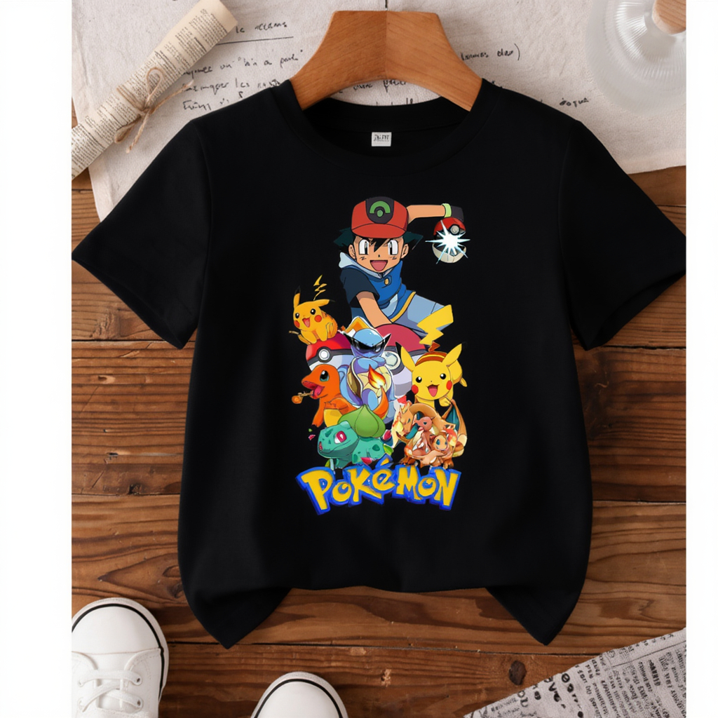 Camiseta Infantil Pokémon Ash Pikachu Charizard Bulbasaur Squirtle pokebola 100% Algodão Varias Cores