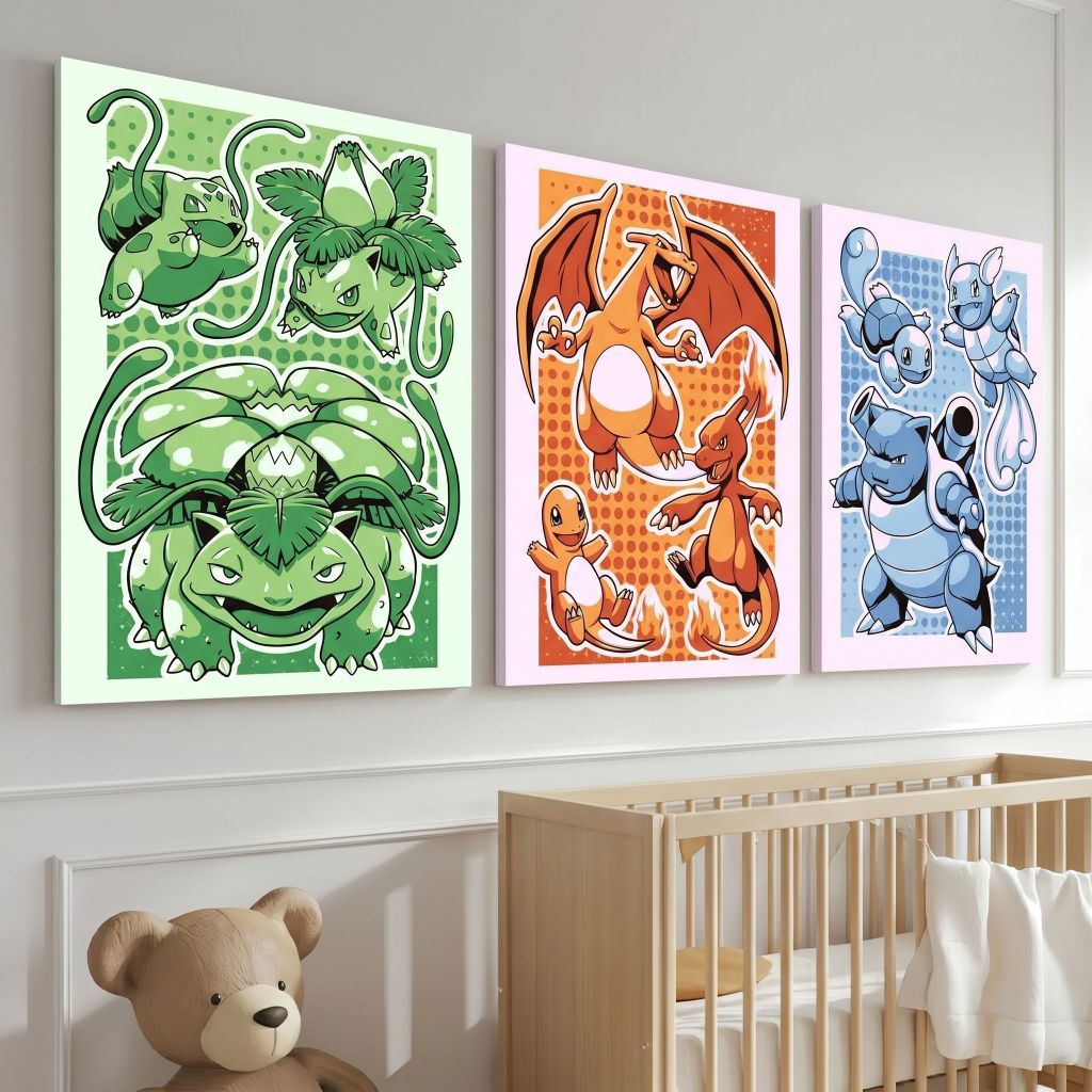 Kit 3 Quadros Decorativos Pokémon Charizard Bulbasaur Blastoise para Quarto Infantil Geek Animes