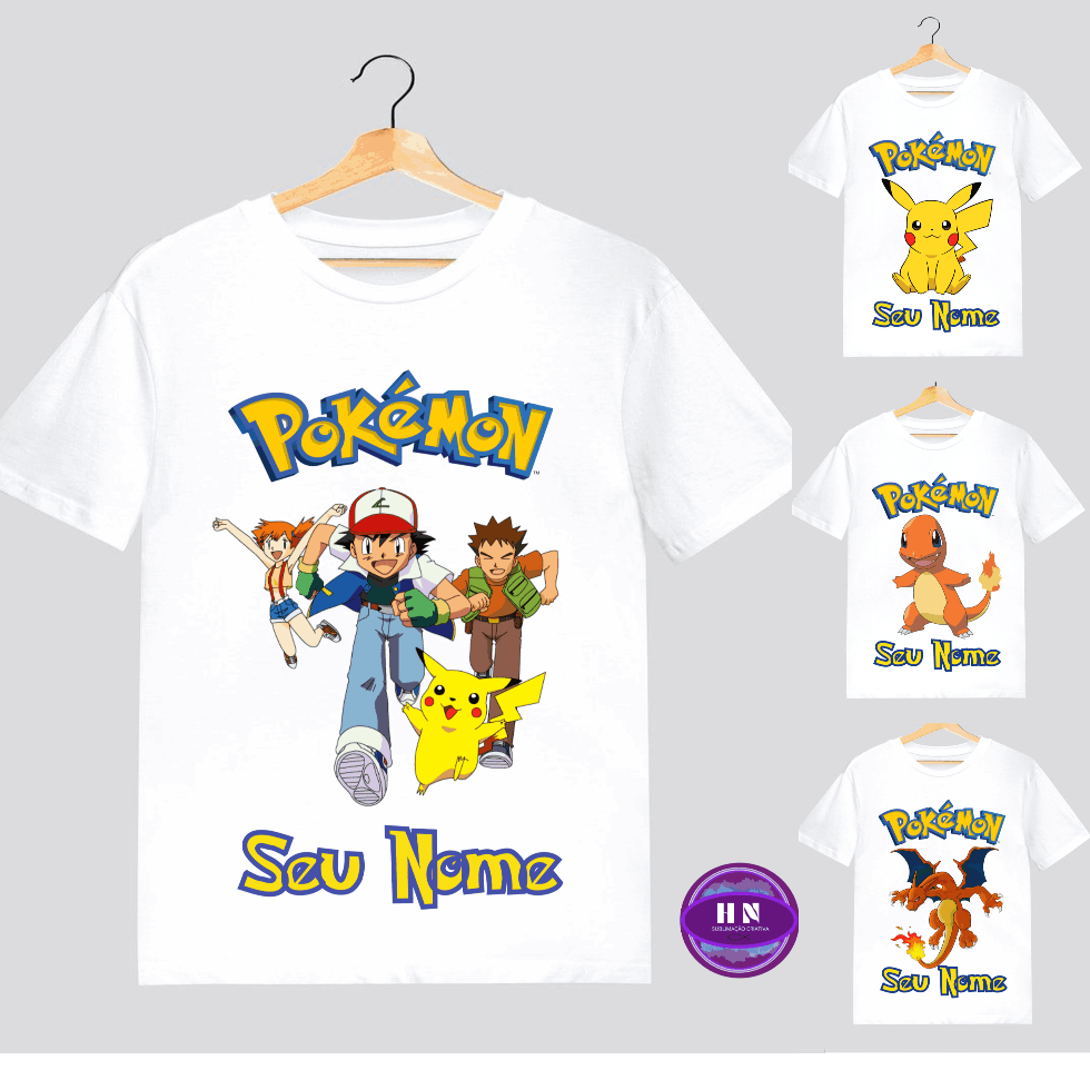 Camisa Camiseta Pokemon Infantil Com Nome Varias Estampas Charizard Jigglypuff Pikachu Bulbasaur
