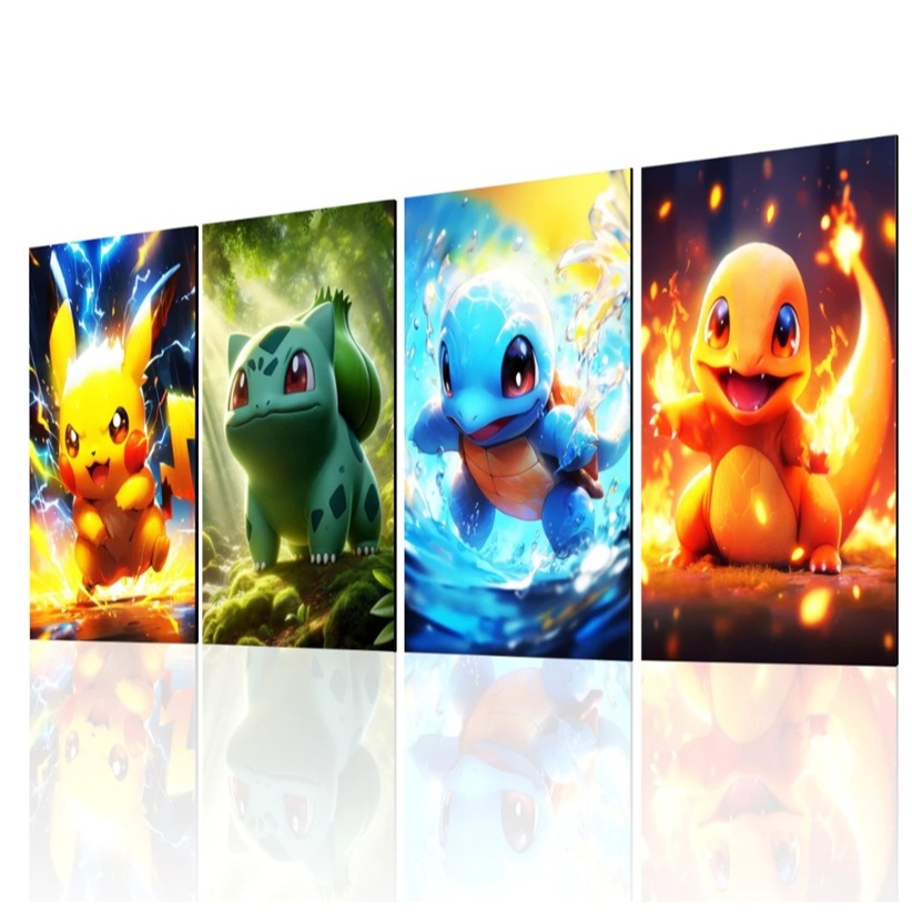 kit 4 Quadros Decorativos Pokémon Charizard, Pikachu, Squirtle e Bulbasaur\