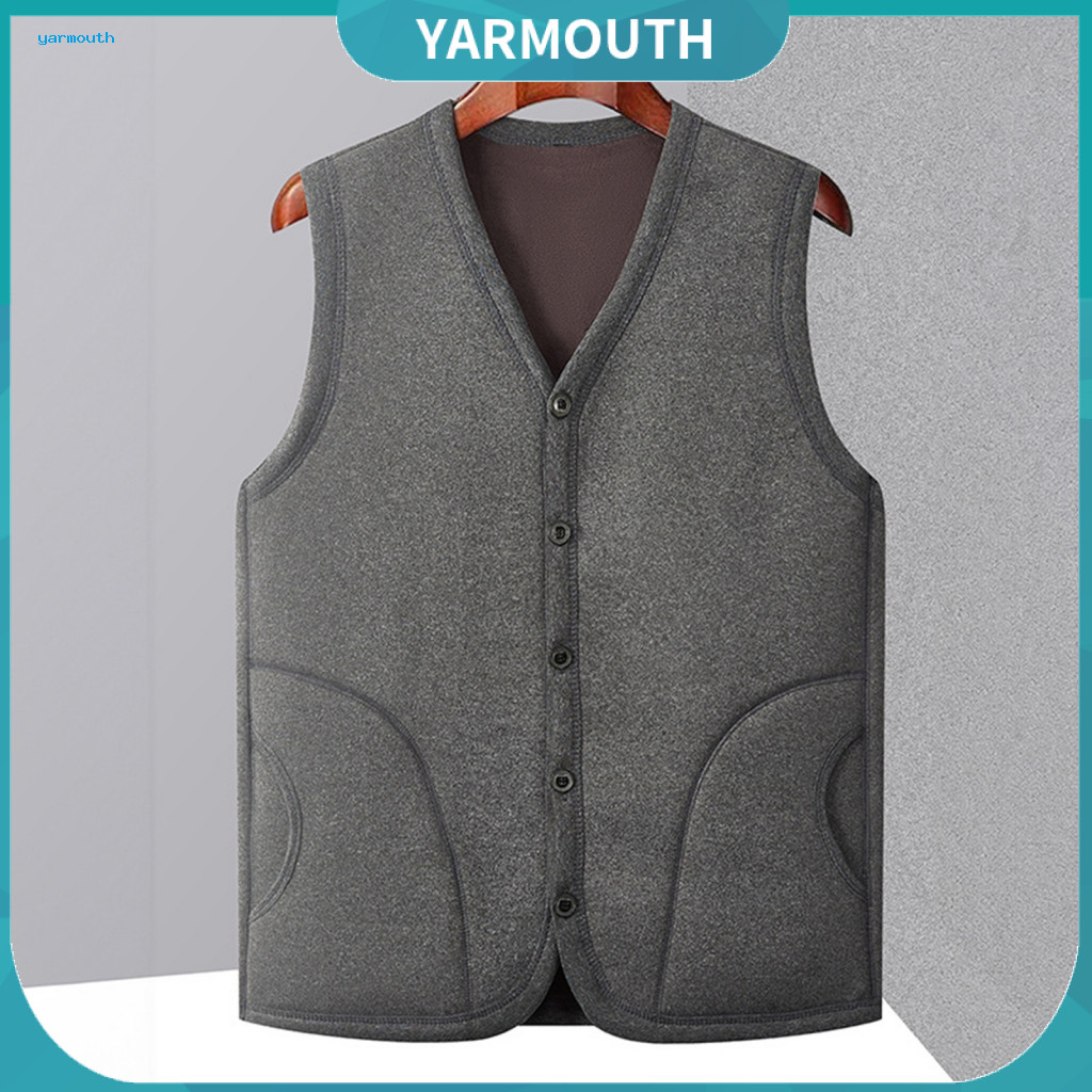 V-neck Single-breasted Vest Solid Color Waistcoat Men's Winter Coat Sleeveless Thickened Velvet Lining Warm Bottoming fo