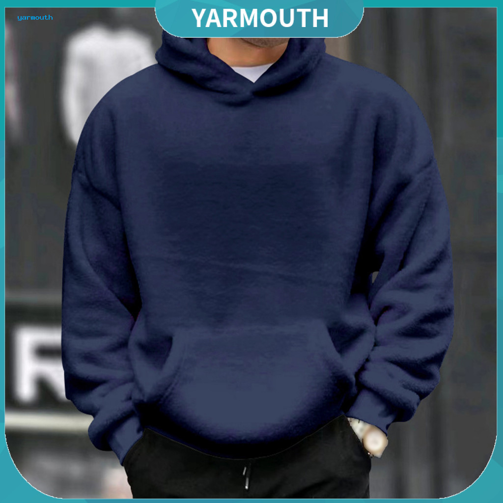Warm Men Hoodie Weather Winter Men’s Double-sided Velvet Thermal Fleece Sweatshirt with Big Front Pocket Elastic Cuffs