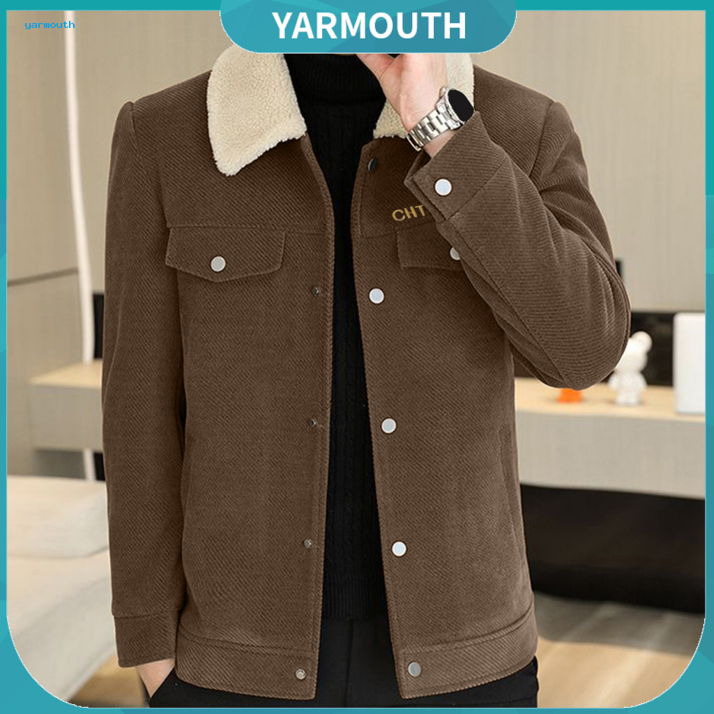 Button Closure Jacket Men Men's Casual Thickened Velvet Lined Coat Solid Color Lapel Outerwear for Daily Wear – Warm a
